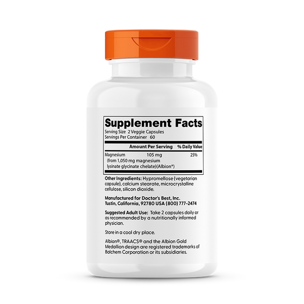 Doctor's Best High Absorption Magnesium, Lysinate Glycinate 100% Chelated, 52.5 mg, 120 Veggie Caps