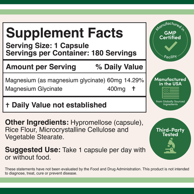 Magnesium Glycinate Supplement 180 Capsules